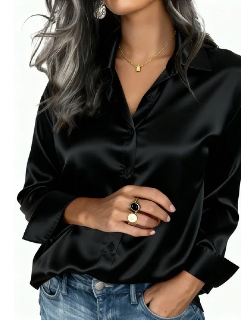 Black Shein Button Up Long Sleeve Top Size Med